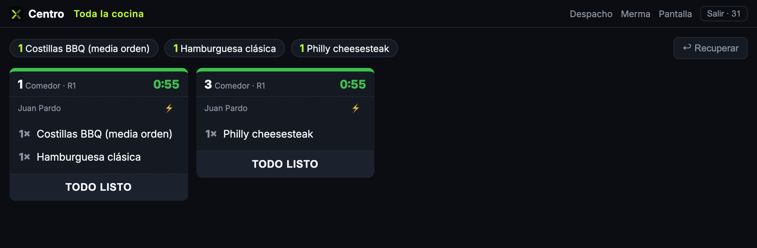 Pantalla de cocina con los tickets de la estación y su semáforo de tiempo