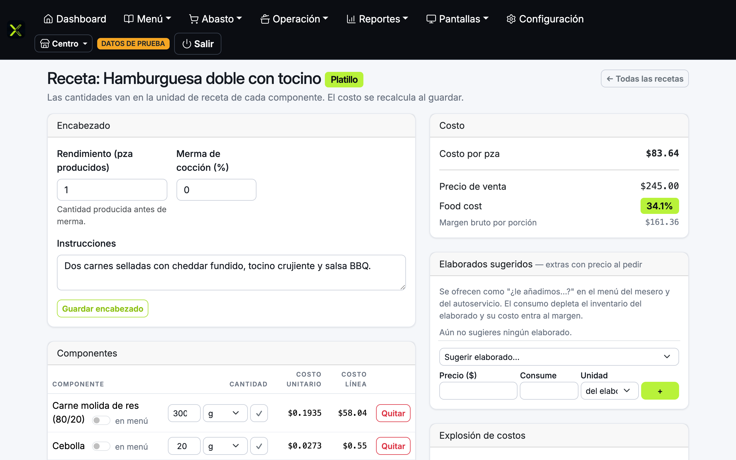 Editor de receta con sus líneas, rendimiento y el costo por porción calculado