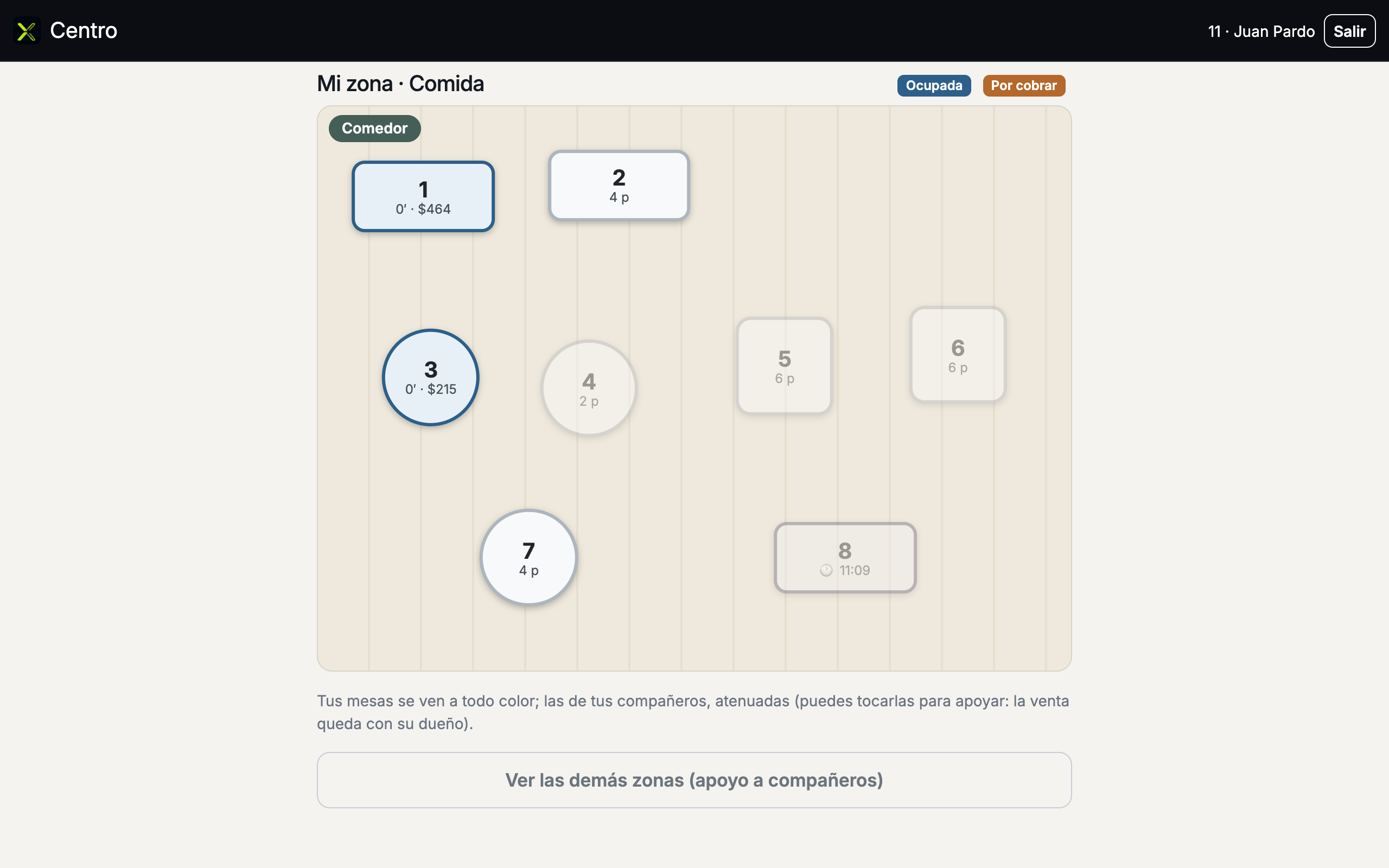 Plano del salón con las mesas del mesero sobre la foto del local